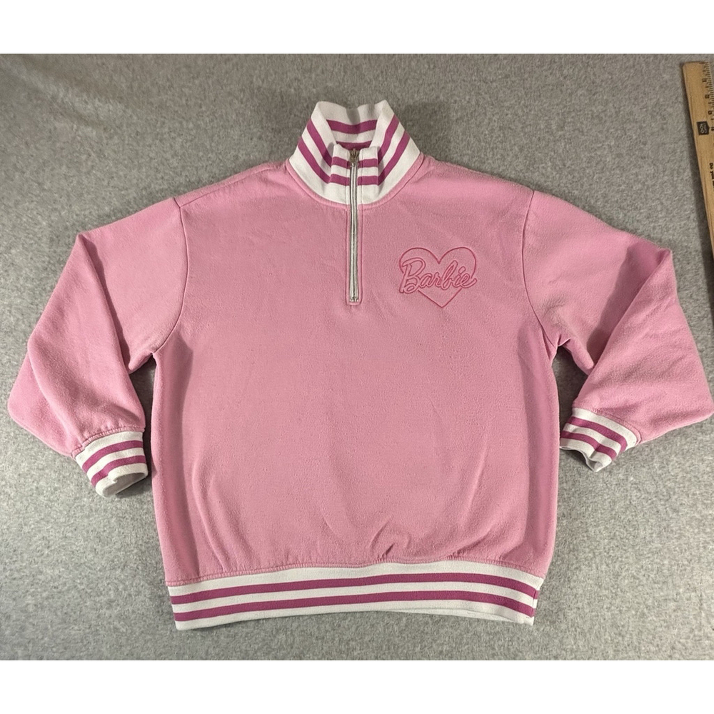 Barbie Pink Quarter Zip Fleece Sweatshirt Womens Large Embroidered Logo Cute